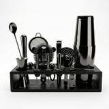 Zestaw barmański 16-elementowy z drewnianym stojakiem, kolor czarny metalic (gun-metal)