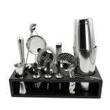 Zestaw barmański 16-elementowy z drewnianym stojakiem, kolor stalowy