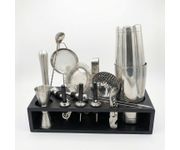 Zestaw barmański 16-elementowy z drewnianym stojakiem, kolor stalowy