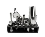 Zestaw barmański 16-elementowy z drewnianym stojakiem, kolor stalowy