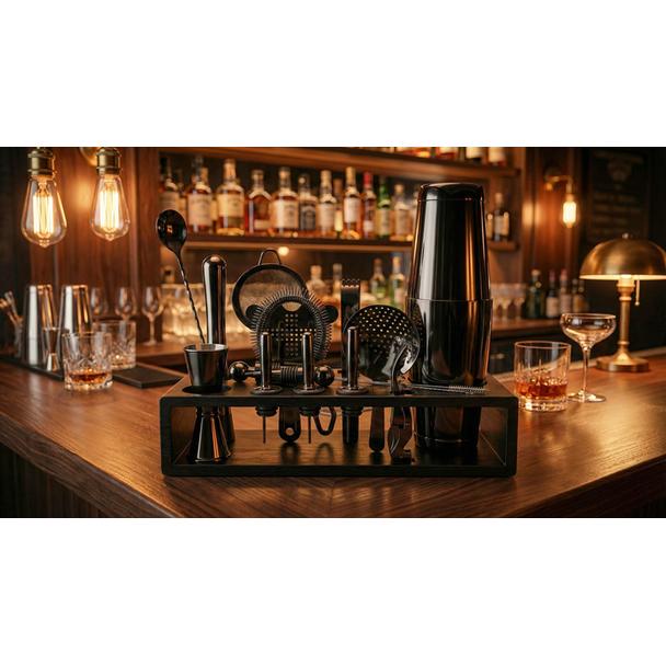 Zestaw barmański 16-elementowy z drewnianym stojakiem, kolor czarny metalic (gun-metal)