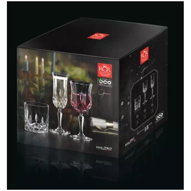 Zestaw do Whisky Opera RCR 18-elementowy (6x Szklanka niska Opera 300ml plus 6x Kieliszek do wina Opera 230ml plus 6x Kieliszek do szampana Opera 130ml)