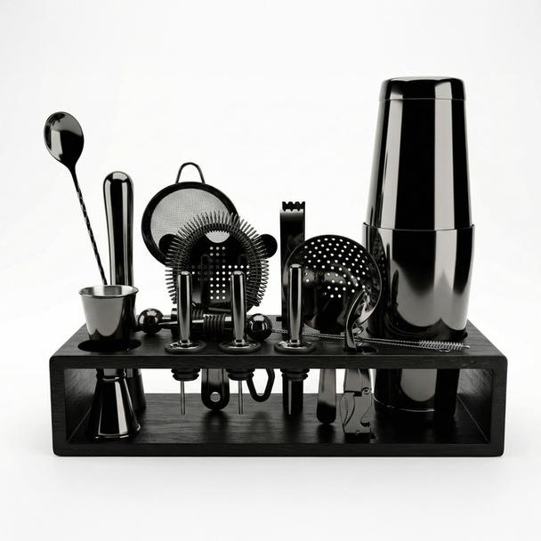 Zestaw barmański 16-elementowy z drewnianym stojakiem, kolor czarny metalic (gun-metal)