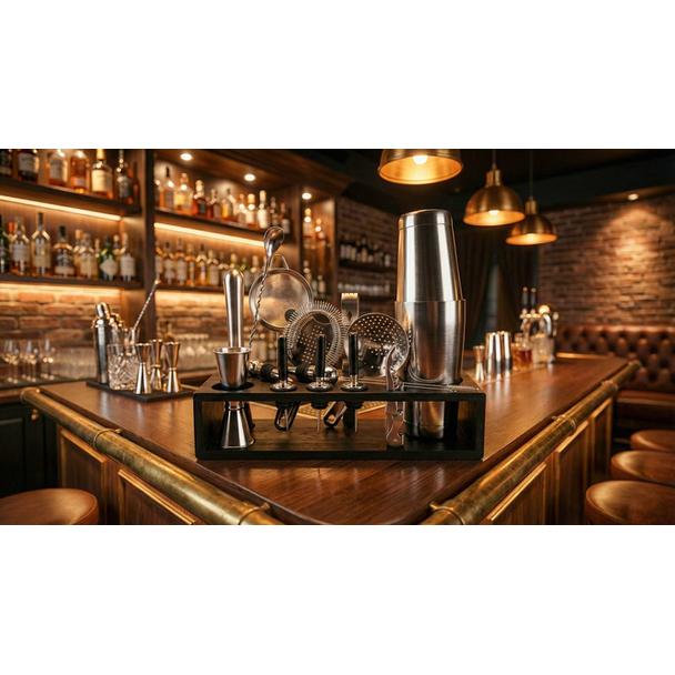 Zestaw barmański 16-elementowy z drewnianym stojakiem, kolor stalowy