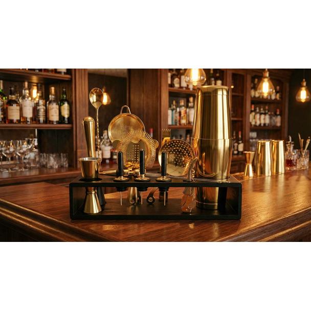 Zestaw barmański 16-elementowy z drewnianym stojakiem, kolor złoty