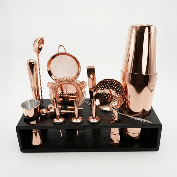 Zestaw barmański 16-elementowy z drewnianym stojakiem, kolor miedziany