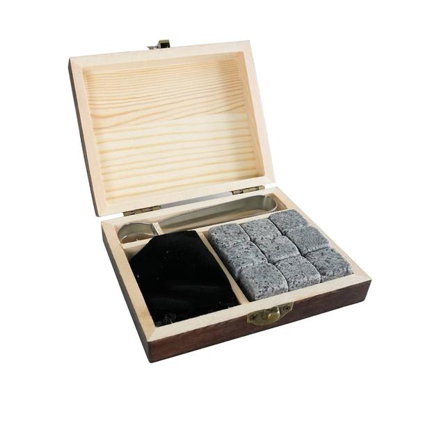Zestaw kamieni granitowych do schładzania whiskey ze szczypcami w pudełku drewnianym (9szt.)