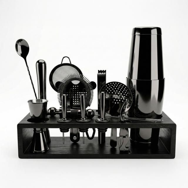 Zestaw barmański 16-elementowy z drewnianym stojakiem, kolor czarny metalic (gun-metal)