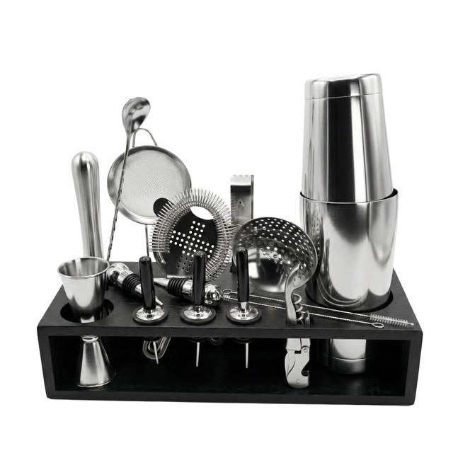 Zestaw barmański 16-elementowy z drewnianym stojakiem, kolor stalowy