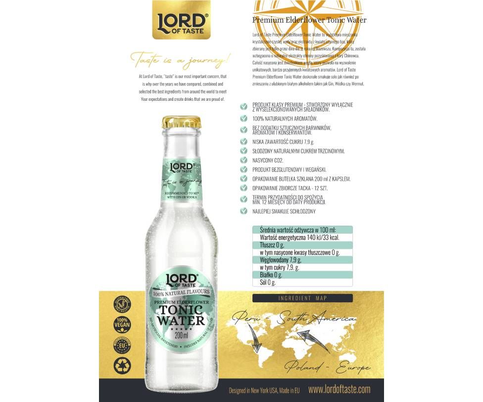 Lord of  Taste, Premium Elderflower (kwiat bzu) Tonic Water, napój butelka 200ml